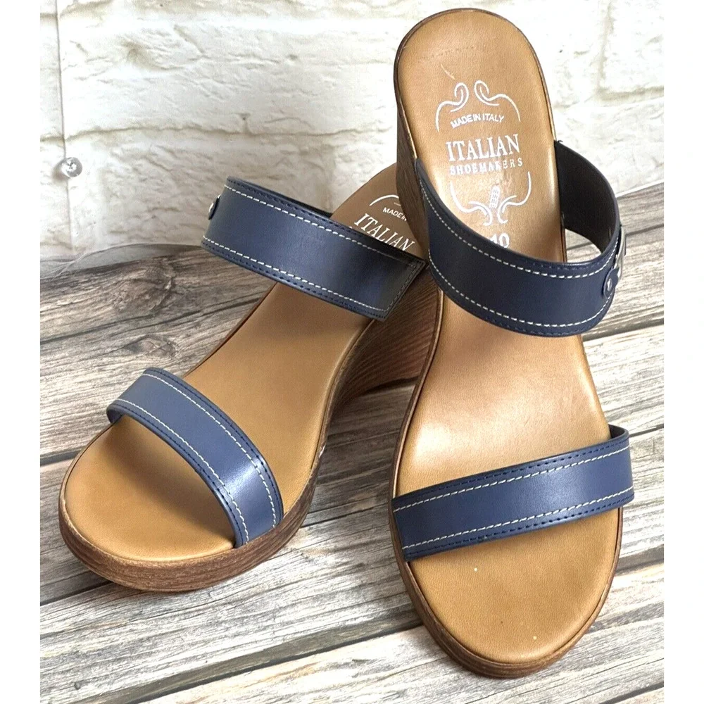 Italian Shoemaker Sandals Wedge‎ Navy Blue Leather Straps Fits 10 M